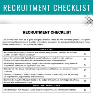 Recruitment checklist, recruitment guide, recruitment form, Employee recruitment, New hire checklist, Employee onboarding, New hire packet