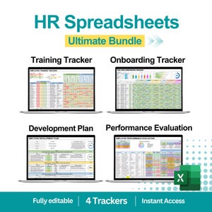 May include: Image of HR spreadsheets, including training, onboarding, development, and performance trackers. Text includes "Ultimate Bundle" and "Fully editable | 4 Trackers | Instant Access". Spreadsheets are displayed on laptops.