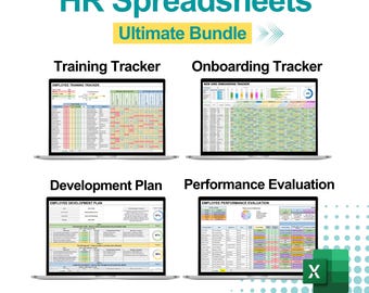 May include: An image showcasing a bundle of HR spreadsheets, including a training tracker, onboarding tracker, development plan, and performance evaluation. The text reads "Ultimate Bundle" and "Fully editable | 4 Trackers | Instant Access."
