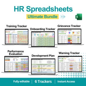 May include: A digital HR Spreadsheets Ultimate Bundle featuring six Excel trackers: Training, Onboarding, Grievance, Performance Evaluation, Development Plan, and Warning Tracker. Each tracker is displayed on a laptop screen with colorful data tables.
