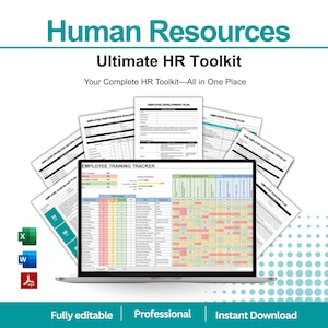 May include: A digital Human Resources Ultimate HR Toolkit featuring a laptop displaying an Employee Training Tracker spreadsheet, surrounded by various printed HR forms including performance evaluations, development plans, and onboarding checklists.