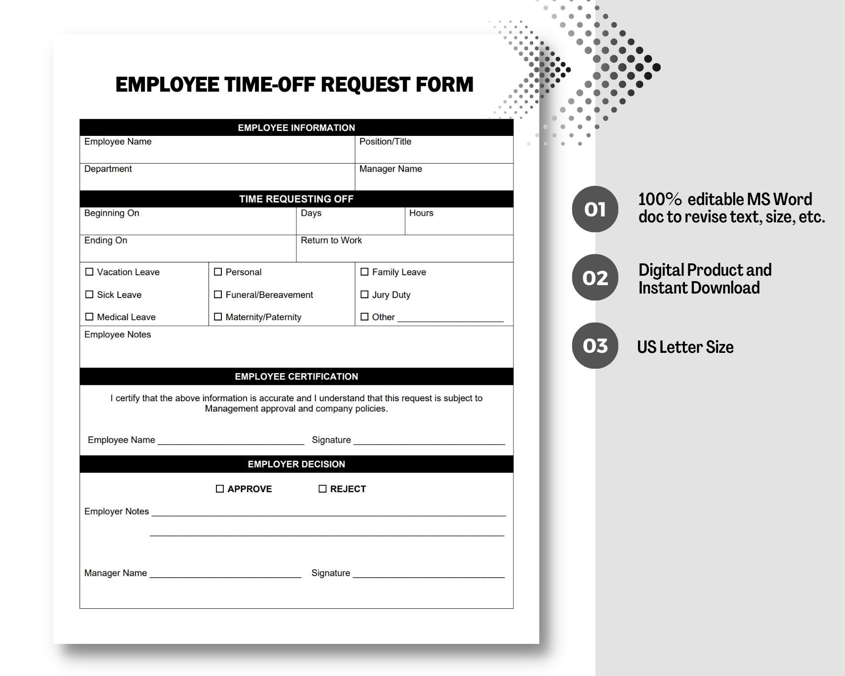 Employee time off request template vacation request form time off