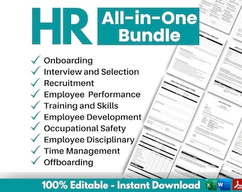 May include: A teal green banner with the text "HR All-in-One Bundle" and a checklist of HR topics including onboarding, interview and selection, recruitment, employee performance, training and skills, employee development, occupational safety, employee disciplinary, time management, and offboarding. The banner is over a collection of black and white printable HR forms.