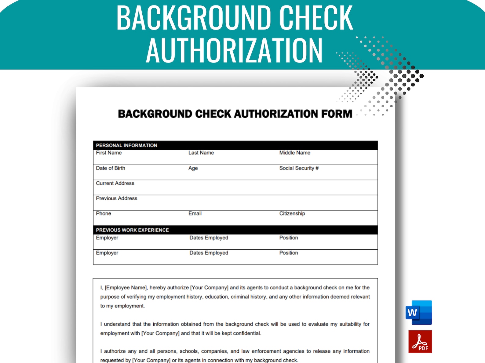 Background Check Authorization Form, Employee Consent Form, Employee ...