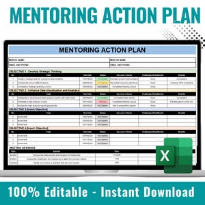 Puede incluir: Una pantalla de computadora azul y blanca que muestra una plantilla de plan de acción de mentoría en formato de hoja de cálculo. La plantilla incluye secciones para los nombres del mentor y del mentorizado, objetivos, tareas, fechas límite, estado, criterios de éxito, desafíos, obstáculos y resultados. La hoja de cálculo está etiquetada como "Plan de acción de mentoría" y es 100% editable con una opción de descarga instantánea.