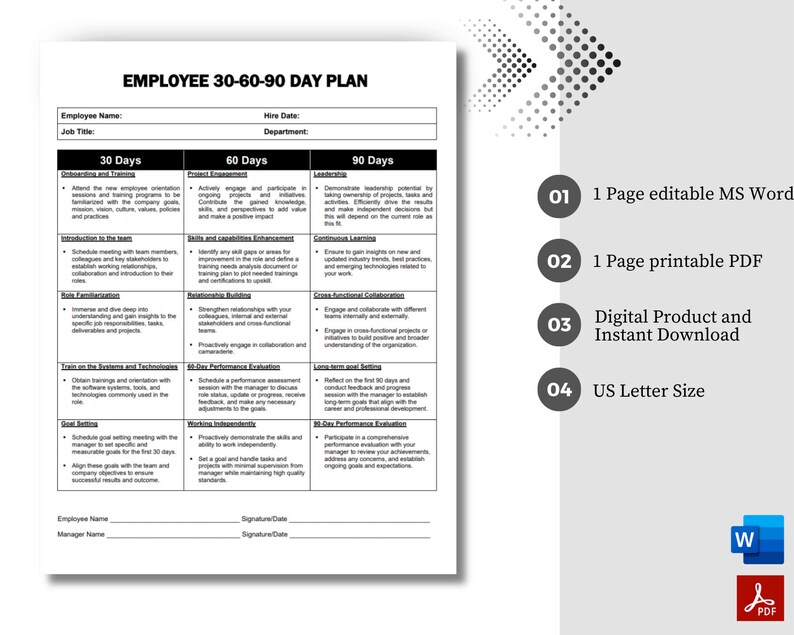 Employee 30 60 90 Day Plan Employee Onboarding Plan New Hire - Etsy