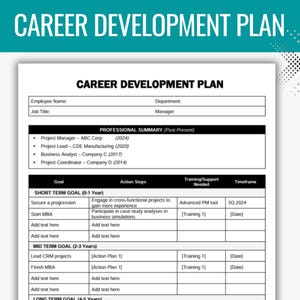 Könnte beinhalten: Eine schwarz-weiße Vorlage für einen Karriereentwicklungsplan mit Abschnitten für die berufliche Zusammenfassung, kurzfristige, mittelfristige und langfristige Ziele. Die Vorlage enthält Felder für das Ziel, die Maßnahmen, die benötigte Ausbildung/Unterstützung und den Zeitrahmen.
