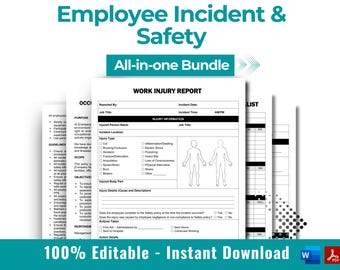 May include: A black and white printable work injury report form with a human body diagram for recording injury location. The form includes sections for reporting details such as incident date, time, injured person name, job title, injury type, and body part. The text "WORK INJURY REPORT" is at the top of the form. The text "100% Editable - Instant Download" is at the bottom of the form.