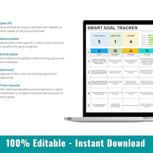 May include: A laptop screen displaying a SMART GOAL TRACKER template with a table listing five goals and their corresponding SMART criteria. The table is divided into five columns: Specific, Measurable, Achievable, Relevant, and Time-Bound. The template also includes a progress bar for each goal. The text "100% Editable - Instant Download" is displayed at the bottom of the screen.