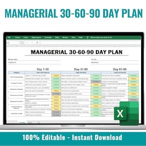 May include: A laptop screen displaying a "Managerial 30-60-90 Day Plan" template. The document is organized into three sections: Day 1-30, Day 31-60, and Day 61-90, with various categories and tasks. The text "100% Editable - Instant Download" is at the bottom.