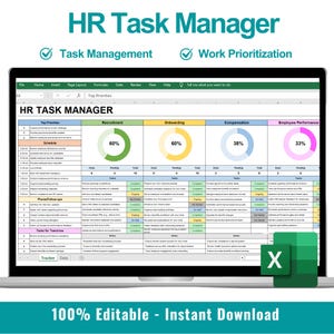 Peut inclure: Un écran d'ordinateur portable affiche un tableur HR Task Manager. Le tableur est organisé avec des sections pour le recrutement, l'intégration, la rémunération et la performance des employés, chacune avec des indicateurs de progression. Le texte "100% Editable - Instant Download" est en bas.