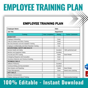 Mitarbeiterschulung, Trainingsplan für neue Mitarbeiter, Mitarbeiterschulung, Trainingslog, Trainings-Tracker, HR-Formulare, bearbeitbares MS Word, neue Einstellung