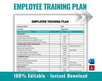 Op de afbeelding: Een printbare sjabloon voor een trainingsplan voor werknemers met een blauw-wit kleurenschema. De sjabloon bevat secties voor verplichte trainingen, veiligheid en gezondheid op het werk, technische vaardigheden en soft skills. De sjabloon bevat ook kolommen voor training, voltooiingsdatum, beoordeling en opmerkingen van de trainer.