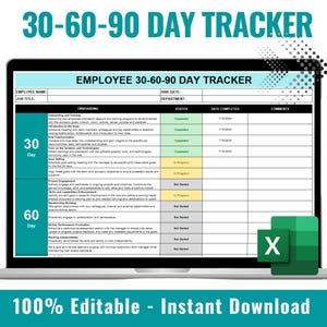 May include: A laptop screen displaying a 30-60-90 day employee tracker template in a spreadsheet format. The template includes sections for onboarding, training, project engagement, skills and capabilities enhancement, relationship building, productivity, performance evaluation, and coaching. The template is labelled "EMPLOYEE 30-60-90 DAY TRACKER" and is 100% editable. The image also shows the Microsoft Excel logo.