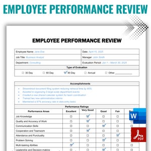 Employee Performance Review, Employee Performance Evaluation, Performance Appraisal, Staff Evaluation, Editable MS Word
