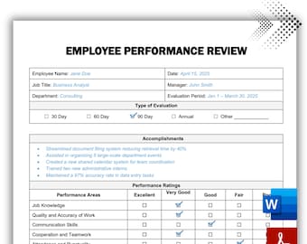 Employee Performance Review, Employee Performance Evaluation, Performance Appraisal, Staff Evaluation, Editable MS Word