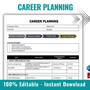 Könnte beinhalten: Eine schwarz-weiße druckbare Karriereplanungsvorlage mit dem Titel "Karriereplanung". Die Vorlage enthält Abschnitte für Mitarbeitername, Berufsbezeichnung, Abteilung, Manager, aktuelle Stärken, kurzfristige Ziele, mittelfristige Ziele, Maßnahmen, benötigte Schulungsunterstützung und Zeitrahmen.