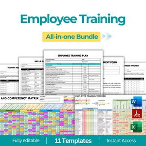 Könnte beinhalten: Ein Schulungspaket für Mitarbeiter mit dem Text "Employee Training" und "All-in-one Bundle". Das Bild enthält mehrere Dokumente, darunter einen Schulungsplan, einen Fähigkeitsleitfaden und eine Kompetenzmatrix. Das Paket enthält 11 Vorlagen und bietet sofortigen Zugriff.