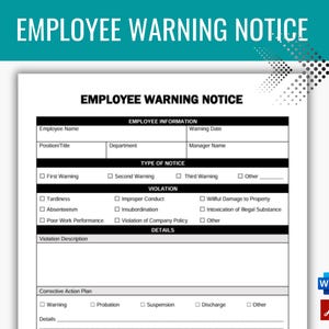 Employee Warning Notice, Employee Disciplinary Notice, Employee Write Up, Human Resource Templates, HR Forms, Editable Form MS Word, PDF