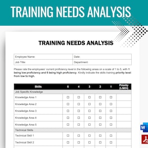Training Needs Analysis, Training Plan, Training Checklist,, Employee Training, Training Needs Assessment, Training Tracker, New Hire