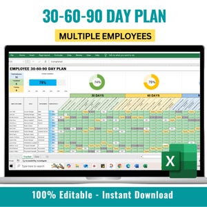 May include: A laptop screen shows a 30-60-90 Day Plan template for multiple employees. The spreadsheet displays progress percentages, with the text "100% Editable - Instant Download" at the bottom. The Excel icon is visible.