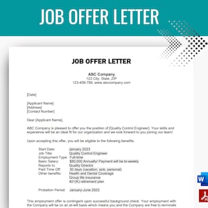 Plantilla de carta de oferta de trabajo, contrato de trabajo, documento de nueva contratación, formulario de carta de oferta de trabajo, oferta de empleo, Word editable