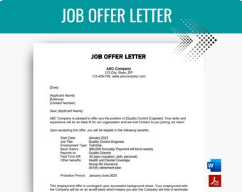 Job Offer Letter Template, Employment Contract, New Hire Document, Employment Offer  Letter form, Employment Job Offer, Editable Word