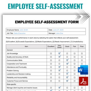 Employee Self-Assessment, Performance Review Template, Employee Performance, Employee Evaluation, Employee self-evaluation, Editable MS Word