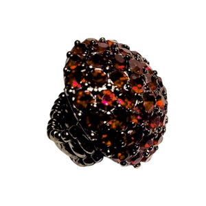 May include: A ring with a large, round, red gemstone surrounded by smaller red gemstones. The ring is made of silver and has a textured band.