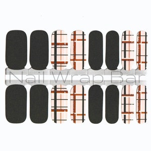 May include: Set of 10 nail wraps featuring a black and white plaid pattern with brown accents. The nail wraps are designed to be applied to fingernails.