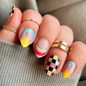 Flame Decal, Rainbow & Checkered French Tip Y2K Skater Style Nail Wraps