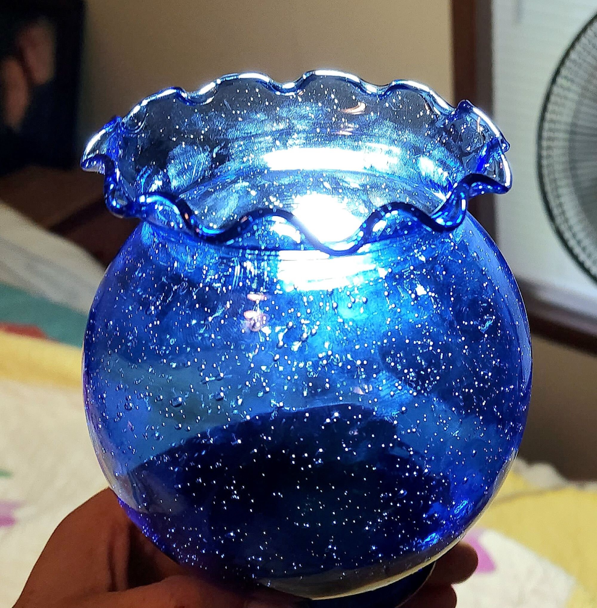 Large Blue Bubble Glass Vase, Organic Shape, Vintage Handmade Hand