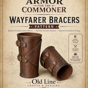 以下が含まれることがあります： Armor for the Commoner Wayfarer Bracersと題されたレザー製リストバンドのデジタルPDFパターン。文書にはテキスト、方位磁石、金属製のバックルと編み上げのディテールが施された2つの茶色のレザー製リストバンドのイラストが描かれています。