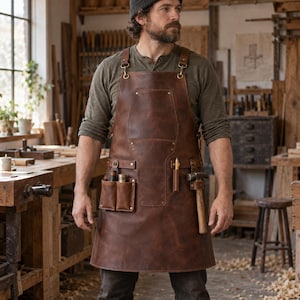 May include: A brown leather apron featuring a large chest pocket, two lower utility pockets, a pencil holder, and a hammer loop. The apron is secured with adjustable straps connected by metal hardware, providing a durable design for workshop tasks.