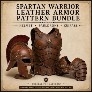 May include: A digital PDF pattern bundle for Spartan warrior leather armor, including a helmet with a red crest, a cuirass, and pauldrons. The brown leather pieces feature metallic studs and arrow emblems. Text reads: SPARTAN WARRIOR LEATHER ARMOR PATTERN BUNDLE.