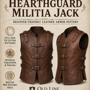 May include: A digital PDF pattern for a brown leather vest titled Hearthguard Militia Jack, featuring three front buckle closures, shoulder straps, and side buckles. The text includes Armor for the Commoner and Old Line Crafts & Designs.