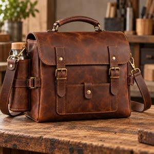 Könnte beinhalten: Eine braune Ledertasche mit einem Tragegriff, zwei vorderen Schnallenriemen und einer Seitentasche, die eine Metalltrinkflasche mit Holzdeckel enthält. Die Tasche verfügt über messingfarbene Beschläge, eine Frontklappe und einen verstellbaren Schultergurt.