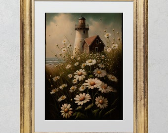 Leuchtturm auf Gänseblümchenfeld Gemälde | Küstenwandkunst | Natur Landschaft Dekor | Blumen Kunstwerk | Sofort Digital DRUCKBAR | 14062023