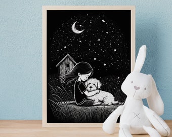 Rustiek gezelschap: een meisje en haar puppy onder de sterren | Lijntekeningen | Direct afdrukken | Home /Kinderkamerdecoratie | RustiekDrukwerken | 15032023