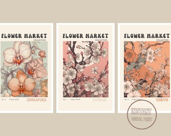 Blumenmarkt Print | Galerie 3-er Set | Botanische Wandkunst | Lebendiges Blumen Poster | Digitaler Download | Ideales Geschenk für Sie | 09042023