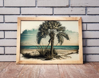 Vintage Palme Wandkunst | Sommer Dekor | Küstenleben Gemälde | Tropisches Vibes Poster | Sofortiger Digitaldruck | 03062023