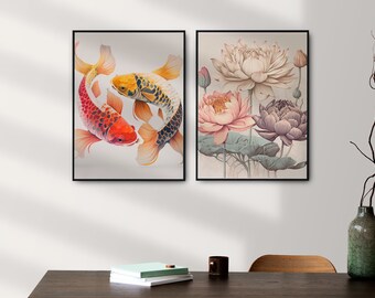 Lotusblüte & japanischer Koi | Modernes botanisches digitales Porträt | 2er-Set Drucke Wandkunst | Dekor Geschenk | RusticPrintworks | 03042023