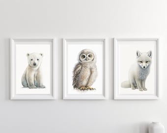 Aquarell Baby Arktis Tiere Wandkunst | 3er-Set Kinderzimmer-Kollektion | Weißer Fuchs Eisbär Schneeeule Druck | Sofortdownload | 30062023