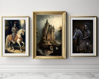 Schloss & Ritter Kunst | Antike Mittelalter Malerei | Verzaubertes Königreich Dekor | 3er Set Drucke | Sofortiger digitaler Download | 12062023