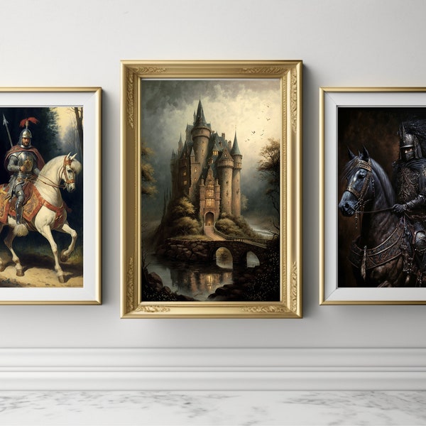 Vintage Castle & Knights Art | Ancient Medieval Painting | Enchanted Kingdom Decor | Set of 3 Prints | Instant Digital Download | 12062023