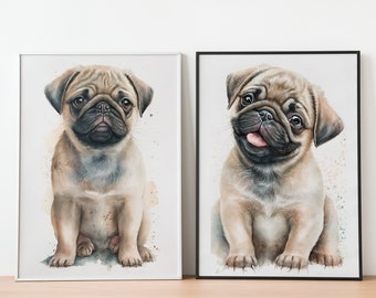 Watercolor Cheerful Pug Wall Art | Nursery Room Decor | Pet Dog Portrait | Baby Animal Print | Dog Lover Gift | INSTANT DOWNLOAD | 27062023