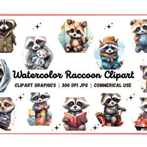 Watercolor Baby Raccoon Clipart Bundle | Woodland Animal | Instant Digital Download | 12 High Quality JPGs | Commercial Use | 22052023