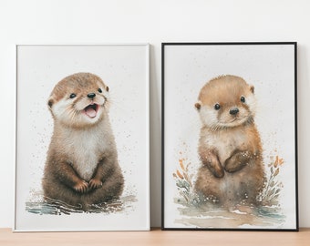 Aquarell Baby Otter Wandkunst | Minimalistische Poster im 2er-Set | Seeotter Kinderzimmer Dekor | Geschenk für Tierliebhaber | Sofortdownload | 26062023