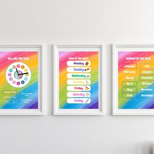 Kleurrijke tijd, maanden en dagen van de weekafdrukken | Set van 3 educatieve kinderposters | Montessori-leerdecor | Digitale download | 19062023
