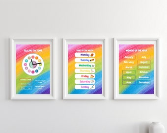 Bunte Zeit, Monate und Tage der Woche Drucke | 3er Set Kinder Lernposter | Montessori Lern Dekor | Digitaler Download | 19062023